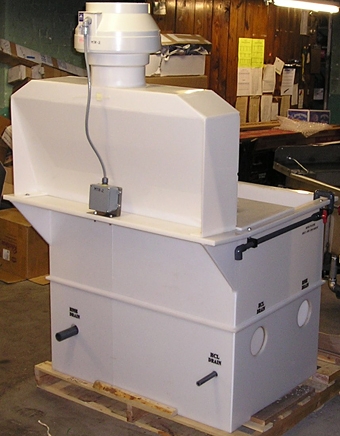 Rear view of Polypropylene Hydrochloric Acid Tank with attached front rinse tank, hood, and exhaust blower. Rear view of Polypropylene Hydrochloric Acid Tank with attached front rinse tank, hood, and exhaust blower.
